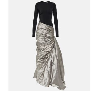 RASARIO: Designer Black and Silver draped silk-blend maxi gown